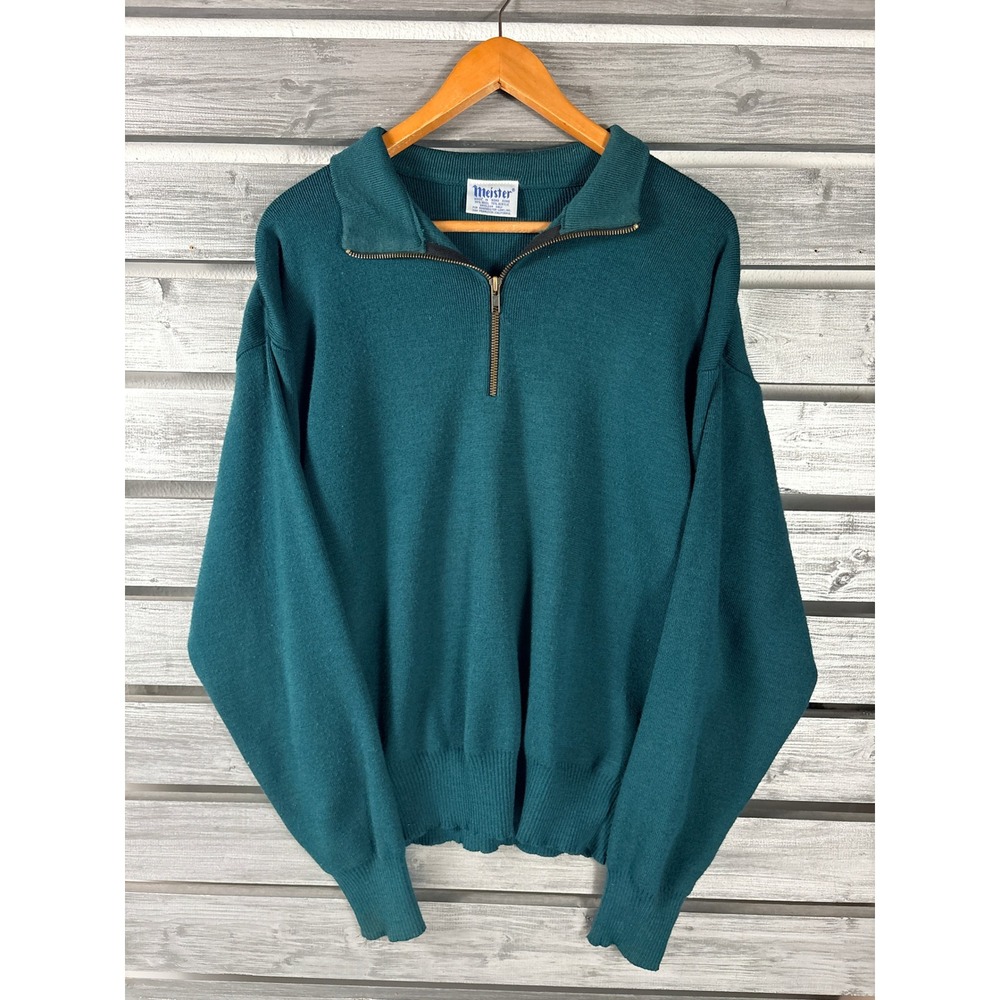 Meister Mens Vintage Teal Green Wool Blend 1/4 Ski Sweater Mock Neck L/M